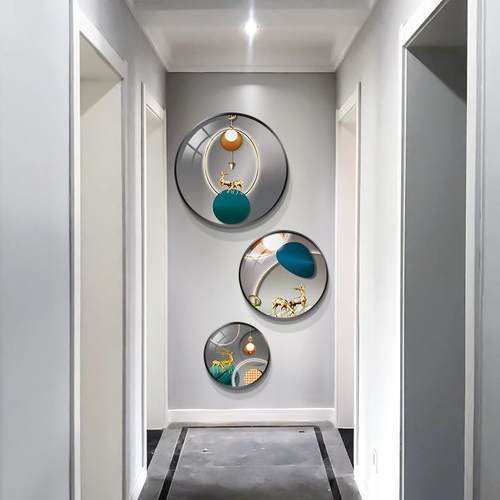 客厅轻奢入户玄关装饰画中式三联圆形组合挂画进门走廊过道墙壁画