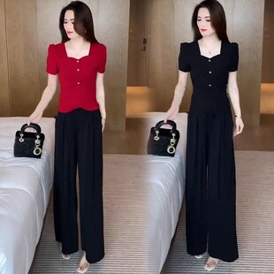 套装 T恤阔腿裤 女2025夏季 洋气质显瘦短袖 休闲减龄两件套 新款 时尚