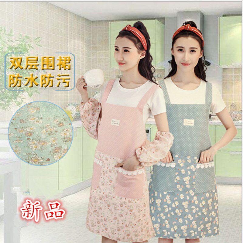 围裙女可爱纯棉厨房餐厅防水防油工作服罩衣成人家用围裙套袖套装