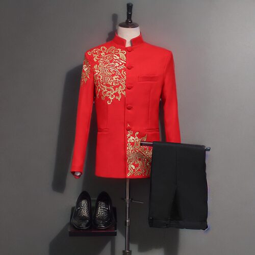 新中式唐装中国风中山装高档男春秋婚礼主持人司仪大合唱演出服装