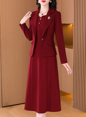喜婆婆婚宴装平时可穿红色连衣裙女新款春秋结婚礼服妈妈套裙