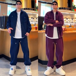 男士 套装 秋季 长裤 衬衫 极简风纯色舒适潮流条纹设计宽松休闲时尚