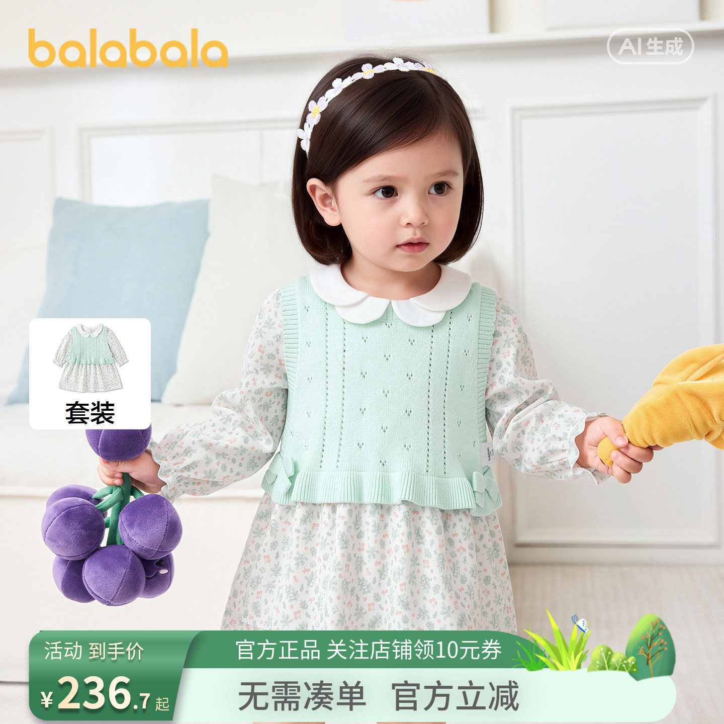 【商场同款 】巴拉巴拉宝宝套装女童长袖连衣裙两件套2026秋文艺