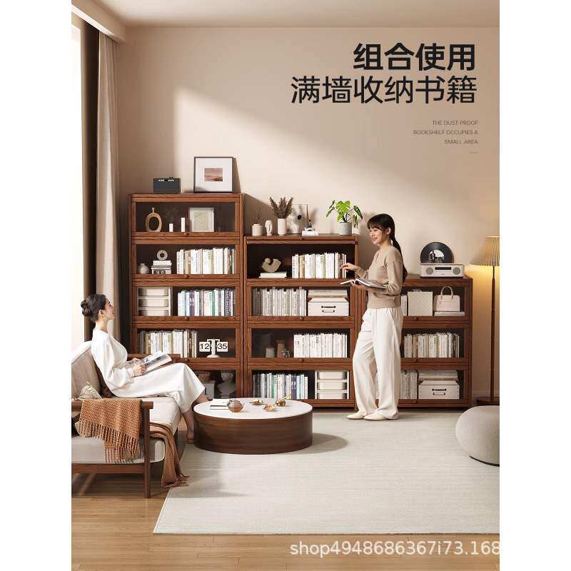 实木带门落地书架家用靠墙储物柜子书房儿童学习书柜防尘展示柜子