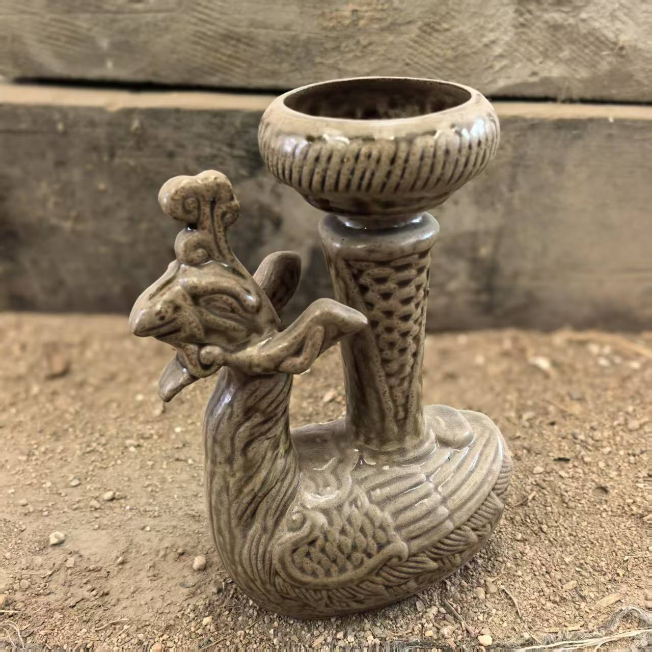 仿古做旧越窑刻花孔雀高足老油灯工艺品摆件瓷器收藏品仿古董