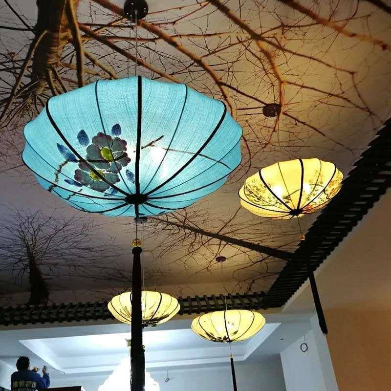 新中式创意仿古手绘麻布吊灯过道茶楼餐厅酒店饭馆瑜珈馆布艺灯笼