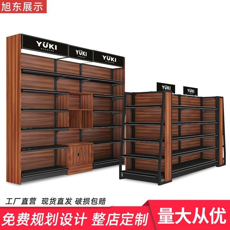 超市货架特产店展示架便利店中岛柜多层单双面红酒店货架钢木货架