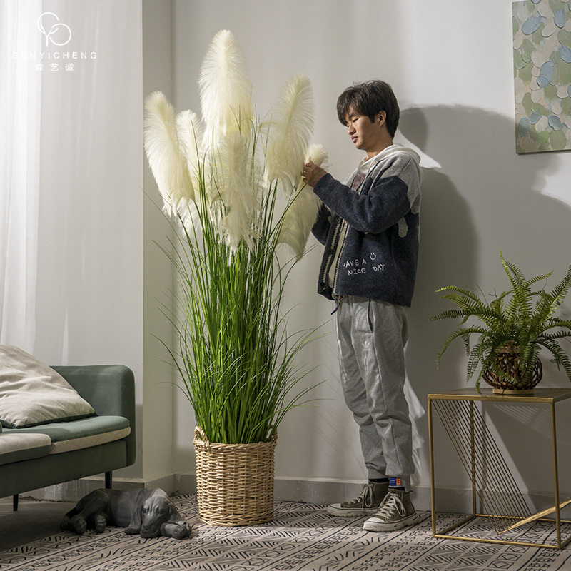 高档芦苇草仿真花假树植物盆栽客厅室内仿生绿植装饰橱窗造景摆件