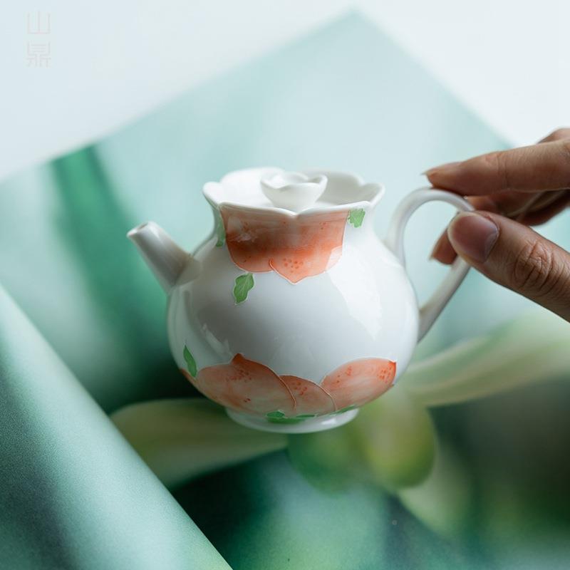 手绘白粉桃茶壶陶瓷泡茶家壶不烫手带过滤瓷20240518喝茶用壶功夫
