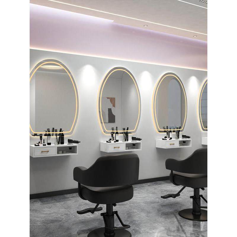 理发店镜台发廊染烫台面单面led暖光美发店镜子壁挂柜子一体
