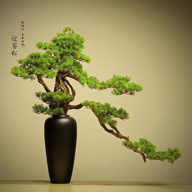 新中式仿真迎客松盆景枯山水绿植植物家居室内松树软装装饰品突贸