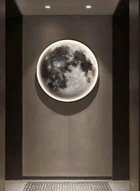 灰色月球圆形玄关装饰画led发光灯画轻奢风床头挂画走廊尽头壁画