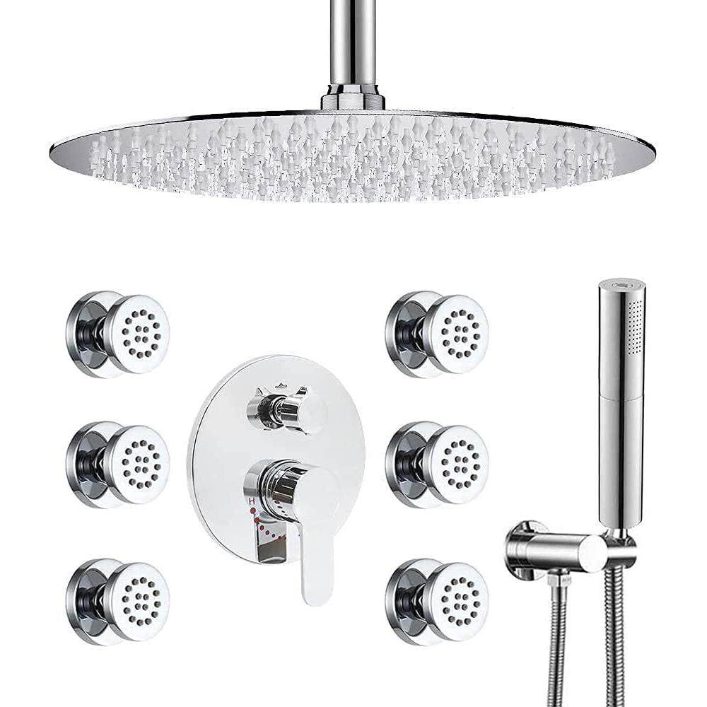 天花板安装的16寸高压淋浴头带圆形喷头淋浴固定装置混合器组合