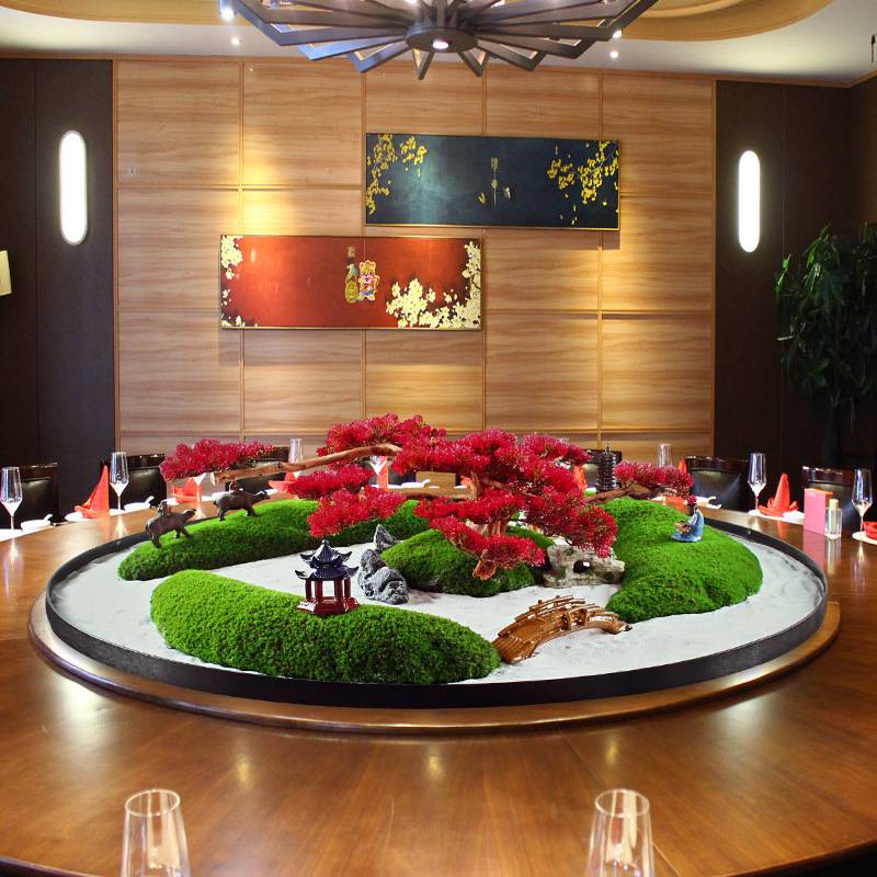 大圆桌转盘中间摆件新中式装饰摆花酒店桌花圆形微缩景观餐桌摆台