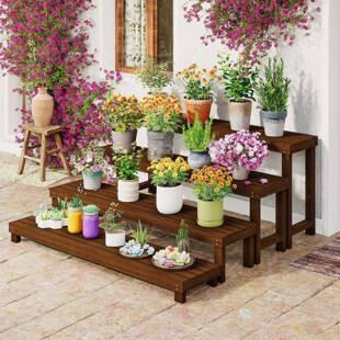 W*实木质阶梯式落地多肉置物架阳台花园布置庭院单层三层花架