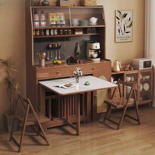 实木餐边柜折叠餐桌组合一体中古风小户型家用靠墙多功能储物柜