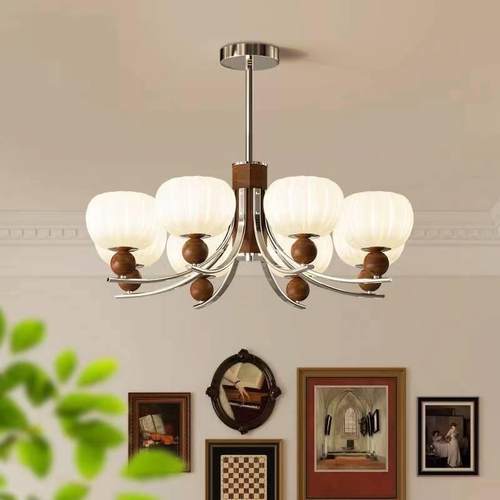 法式中古胡桃木南瓜灯餐厅灯轻奢复古设计感护眼主卧室灯客厅吊灯