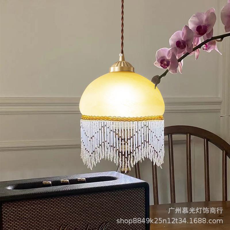 法式床头吊灯宫廷流苏卧室灯中古过道玄关灯全铜复古单头小吊灯饰