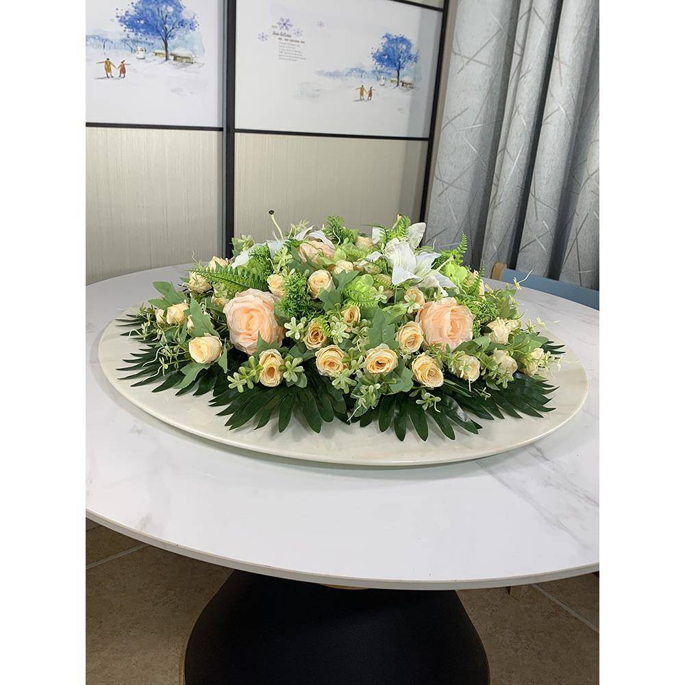 酒店圆桌中间摆花仿真花装饰花假花绢花饭店餐桌转盘桌面摆设花艺