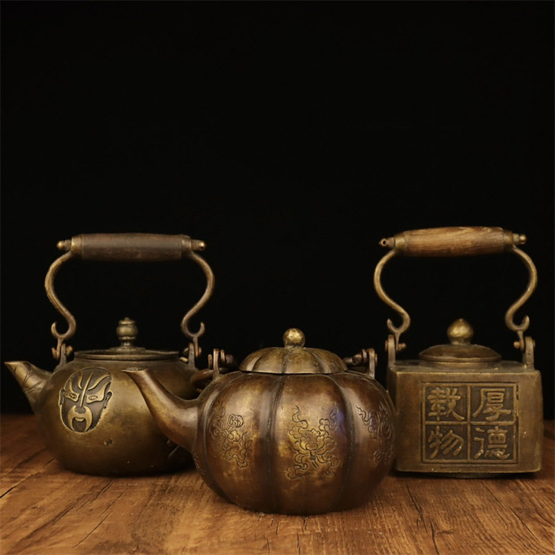 紫铜色壶铜茶壶酒壶仿古古玩收藏木把手提壶圆壶南瓜壶方壶脸谱壶