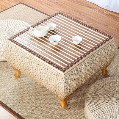 草编榻榻米茶几日式禅意矮桌飘窗桌子收纳小方桌藤编炕桌阳台茶桌