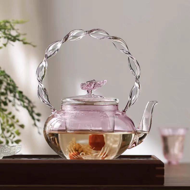 粉色蝴蝶玻璃煮茶泡茶壶电陶炉玻璃茶壶耐高温茶壶高颜值仙女茶壶