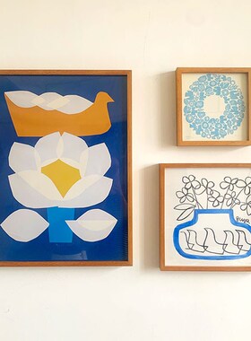 抽象花鸟照片墙客厅蓝色系插y画组合画实木日式餐厅实木有框画壁