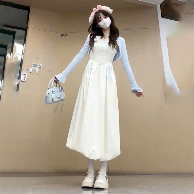 法式甜美温柔风杏色花苞吊带连衣裙子搭配蓝色防晒披肩女两件套装,女装/女士精品,时尚套装,淘宝优惠券,粉丝福利购,淘宝优惠卷