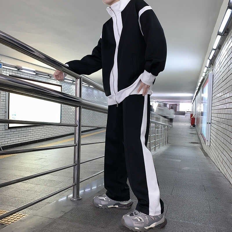 立领外套运动服夹克套装男士春秋季宽松撞色休闲长裤搭配一套潮流,男装,休闲运动套装,淘宝优惠券,粉丝福利购,淘宝优惠卷