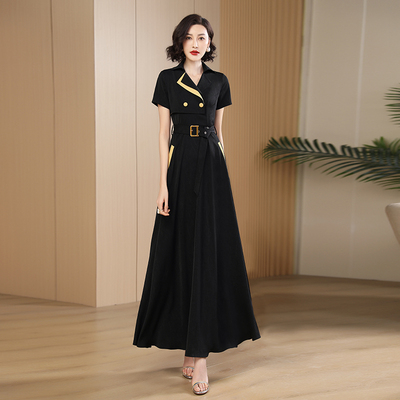 黑色连衣裙正式场合2024夏季新款高级感气质显瘦超长裙到脚踝1671