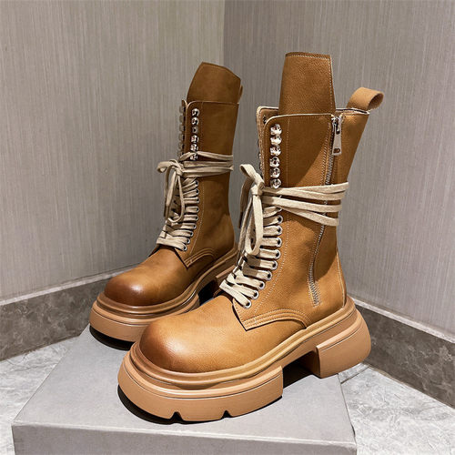 马丁靴2023年秋冬新款真皮绑带中筒靴小腿靴大黄靴工装靴爆款女鞋