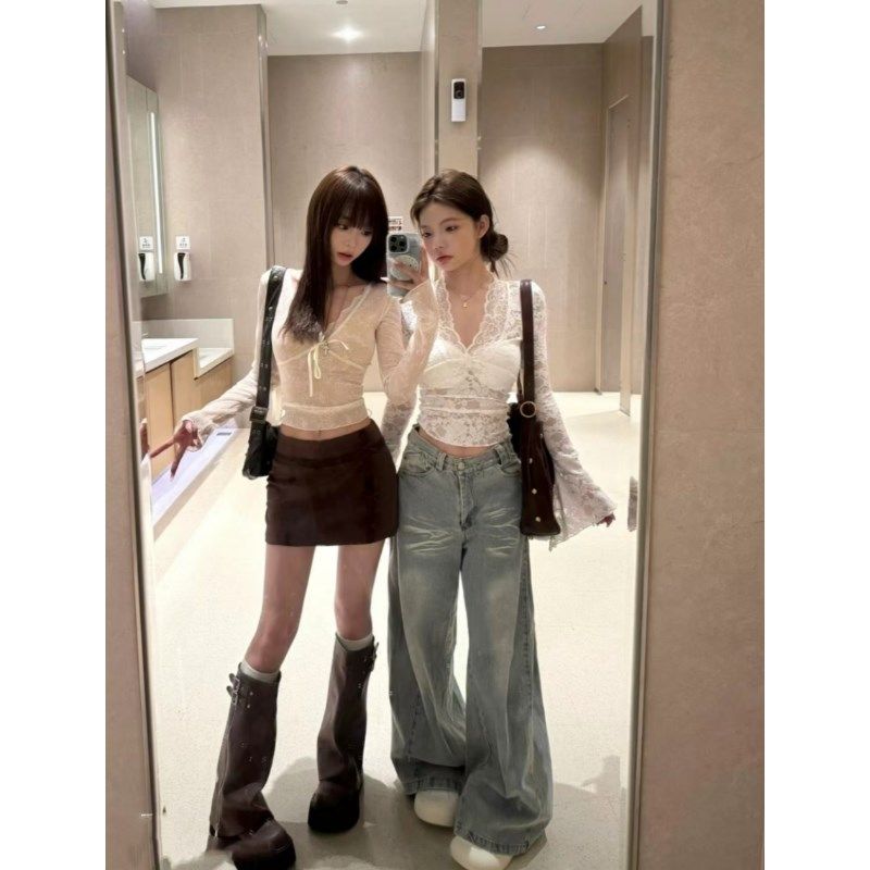早秋穿搭套装2024纯欲风辣妹蕾丝V领长袖上衣直筒牛仔裤A字短裙女