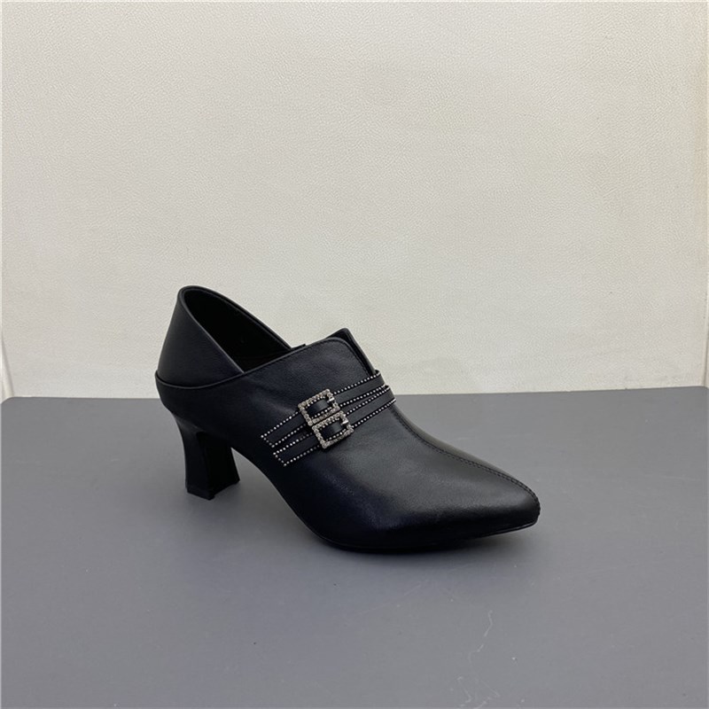 断码撤柜真皮鞋子女新款2023爆款E春牛皮尖头侧拉链粗跟高跟鞋单