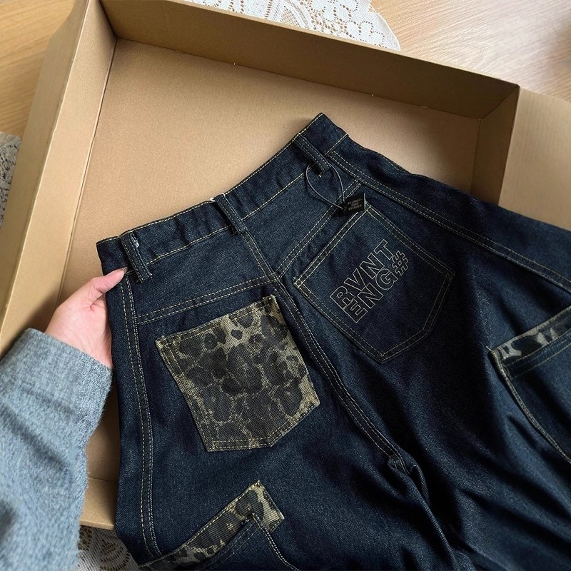 美式复古个性豹纹拼接弯刀牛仔裤女2025年春秋新款宽松显瘦阔腿裤