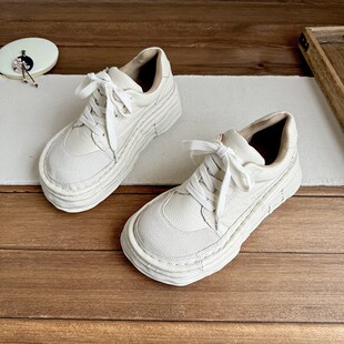 丑萌牛皮厚底小白鞋2024春季新款真皮松糕M跟厚底老爹鞋休闲鞋女