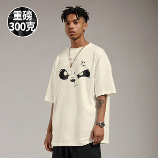 夏季 男装 潮 宽松胖子T恤纯棉情侣加肥加大码 300g重磅潮牌白色短袖