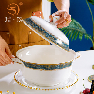 轻奢骨瓷汤碗双耳汤盆家用防烫大面碗大号汤锅餐具大碗带盖品锅