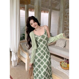 复古气质吊带连衣裙女胖mm遮肚显瘦格纹裙开衫 法式 两件套 女装 大码