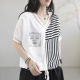 新款 女士短袖 V领宽松拼接条纹时尚 t恤女夏装 休闲复古女装 体恤上衣