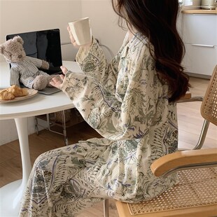 复古风高级感睡衣女款春秋v季韩版纯棉长袖套装春秋款可外穿家居