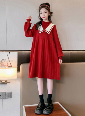 女童红色洋装2023新款秋冬加厚针织裙子儿童冬季女大童毛线裙潮