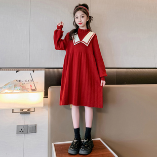 女童红色洋装2023新款秋冬加厚针织裙子儿童冬季女大童毛线裙潮