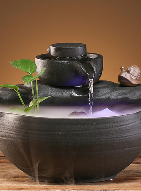 陶瓷流水鱼缸小型摆件办公室桌面循环水创意玄关装饰开业乔迁礼品