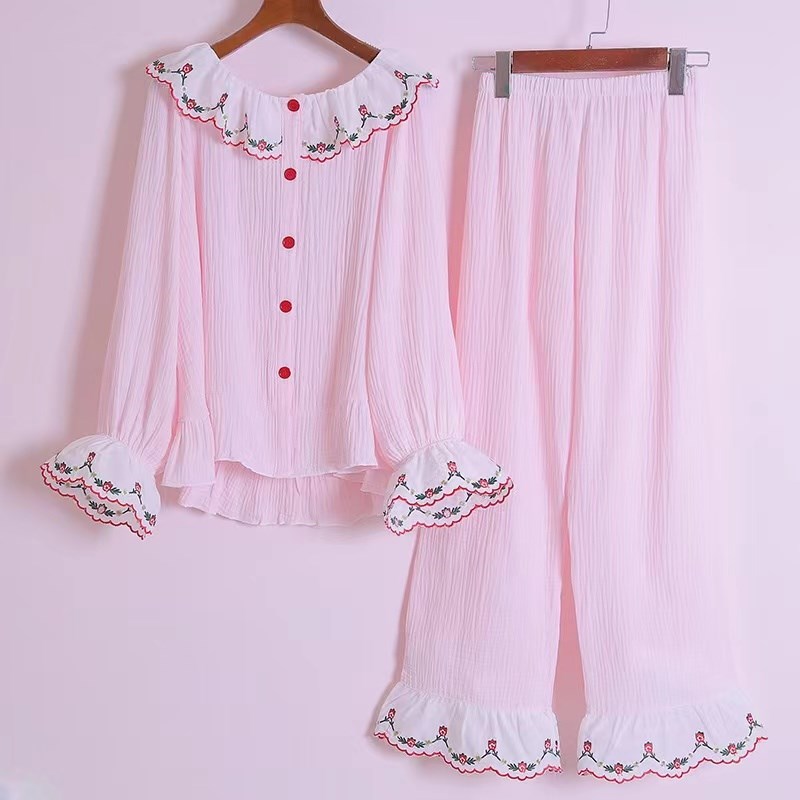 春秋新款长袖刺绣清新可爱休闲甜美纯棉纱绉布家居服少女花边套