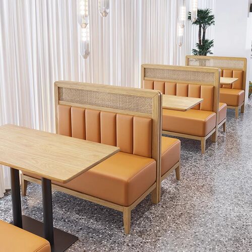 实木编藤新中式餐厅靠墙卡座沙发1.5米茶楼商用对坐饭馆实木桌椅