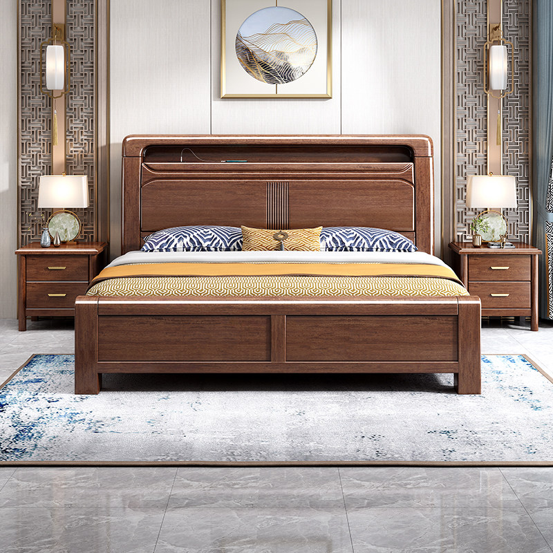 新中式实木床胡桃木经济型主次卧室带灯储物箱体双人大床简约中式