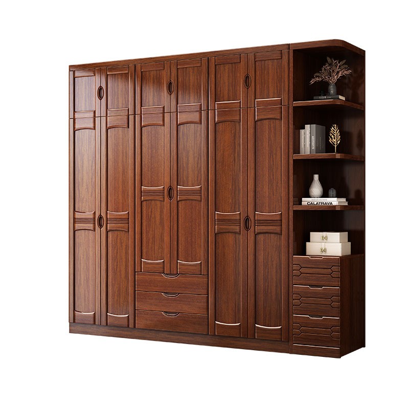 胡桃木实木衣柜家用卧室现代简约平开推拉衣橱三四五六门组合柜子