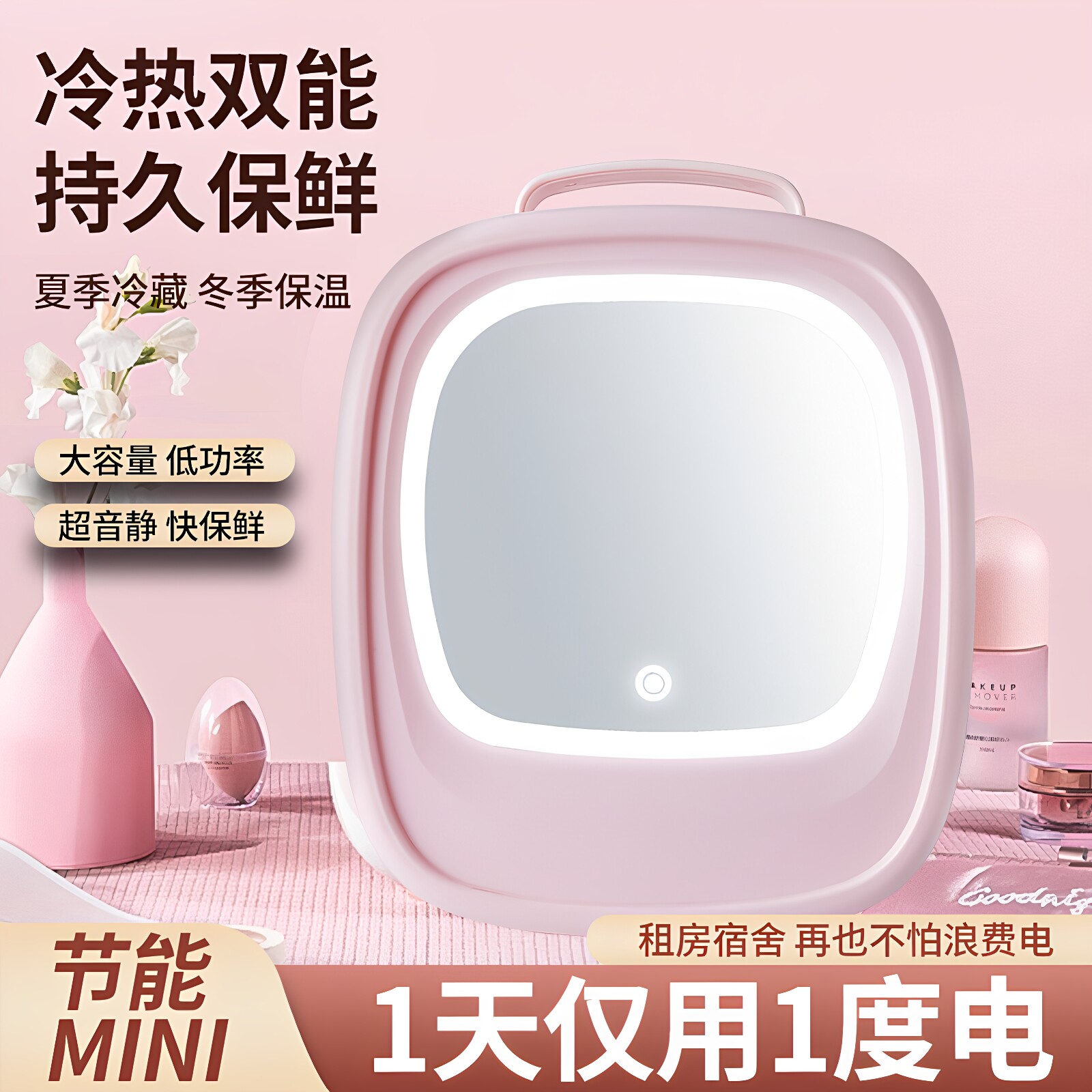 镜面带灯省电车家两用迷你冰箱