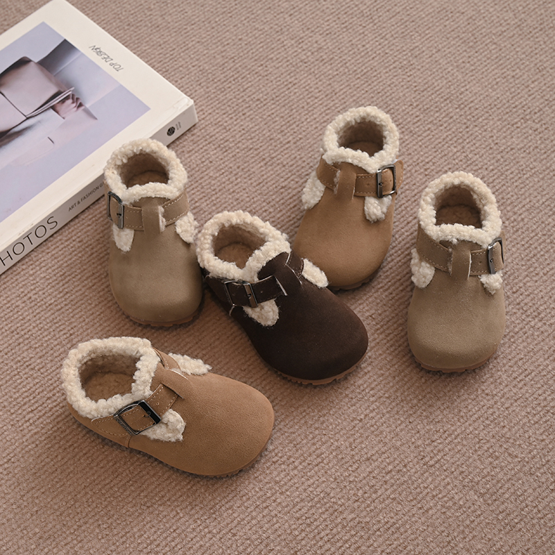 女童勃肯鞋加绒儿童鞋子2025冬季新款小女孩二棉鞋秋冬毛毛豆豆鞋