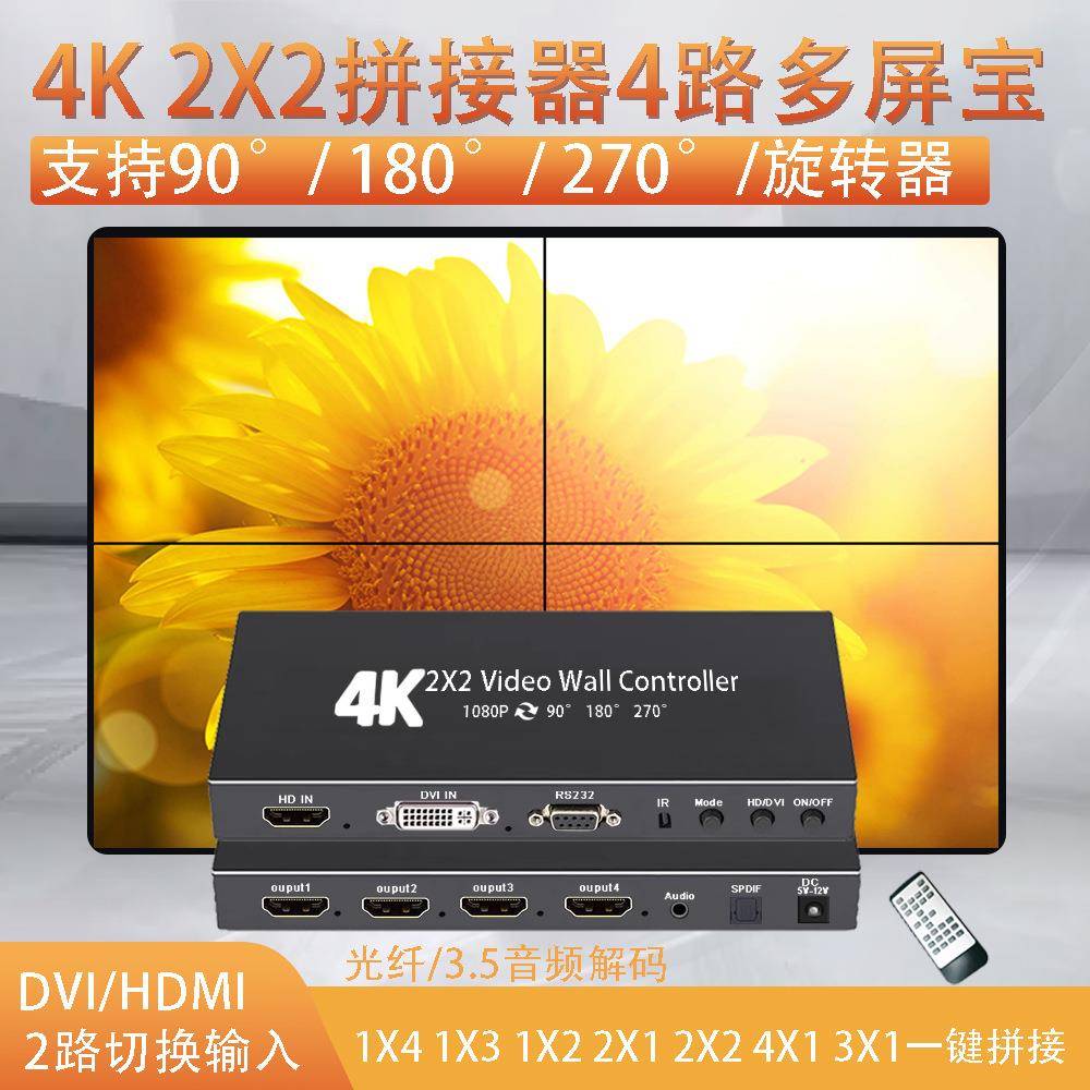HDMI拼接器2X2旋转拼接90度180度270度多屏宝4K电视拼接盒一进四
